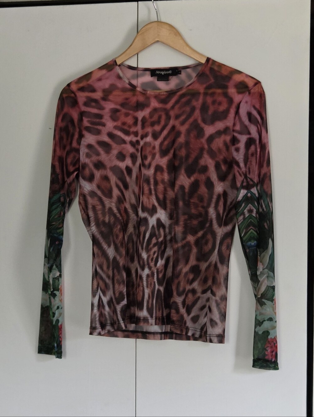 Desigual Pink and Brown Leopard Mesh Long-Sleeve Top